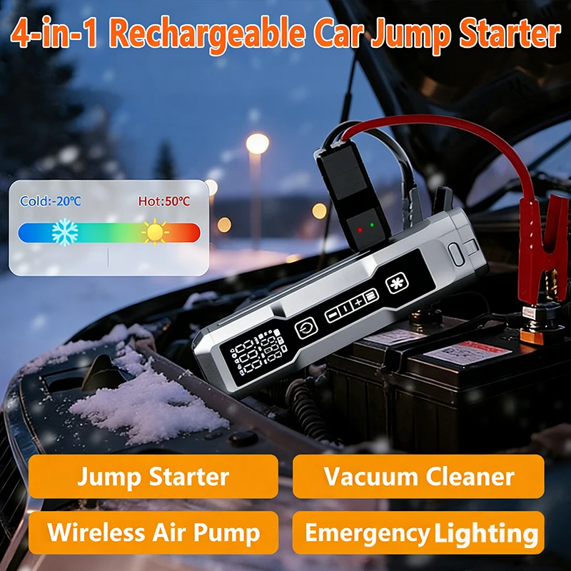 VYVYLABS 4-in-1 12V Rechargeable Emergency Jump Starter with 3 Modes LED Light Car Vacuum Cleaner Cordless Tire Inflator for car