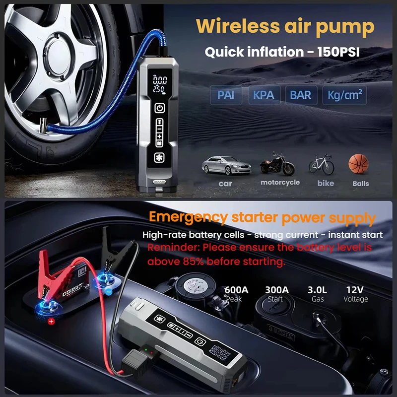 VYVYLABS 4-in-1 12V Rechargeable Emergency Jump Starter with 3 Modes LED Light Car Vacuum Cleaner Cordless Tire Inflator for car - Image 3