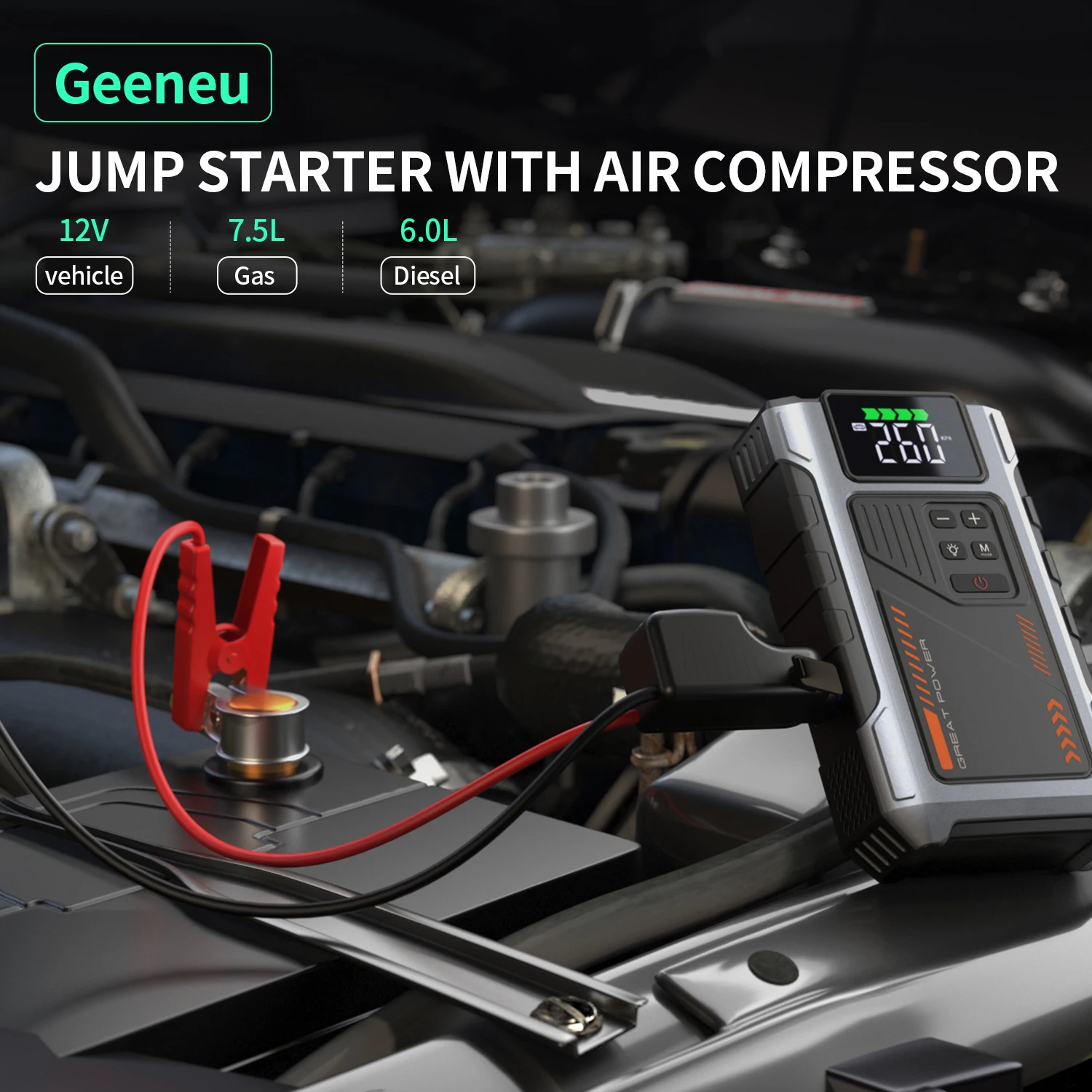 Portable Car Jump Starter With Air Compressor, 3000A Peak(7.5L Gas, 6.5L Diesel) , Jump Starter Battery PackWith150 PSl Tire Inf - Image 2