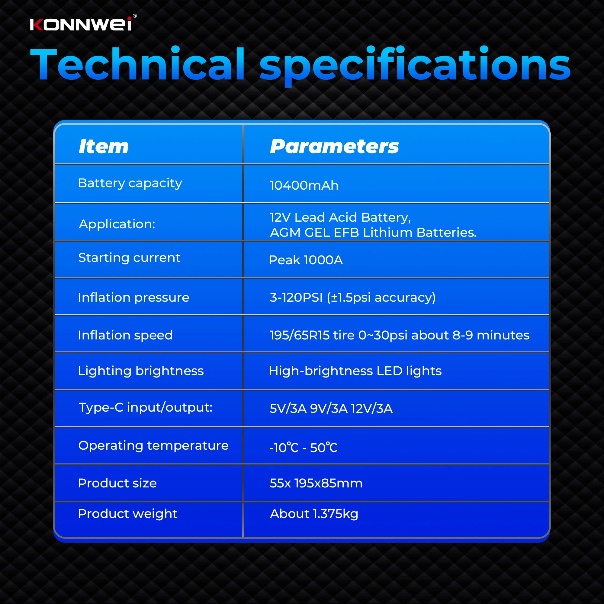 KONNWEI Car SA500 Jump Starter Air Pump Power Bank 10400mAh Car Jump Starter with air Compressor LED Lamp 12V Vehicle Tool Kits - Image 5