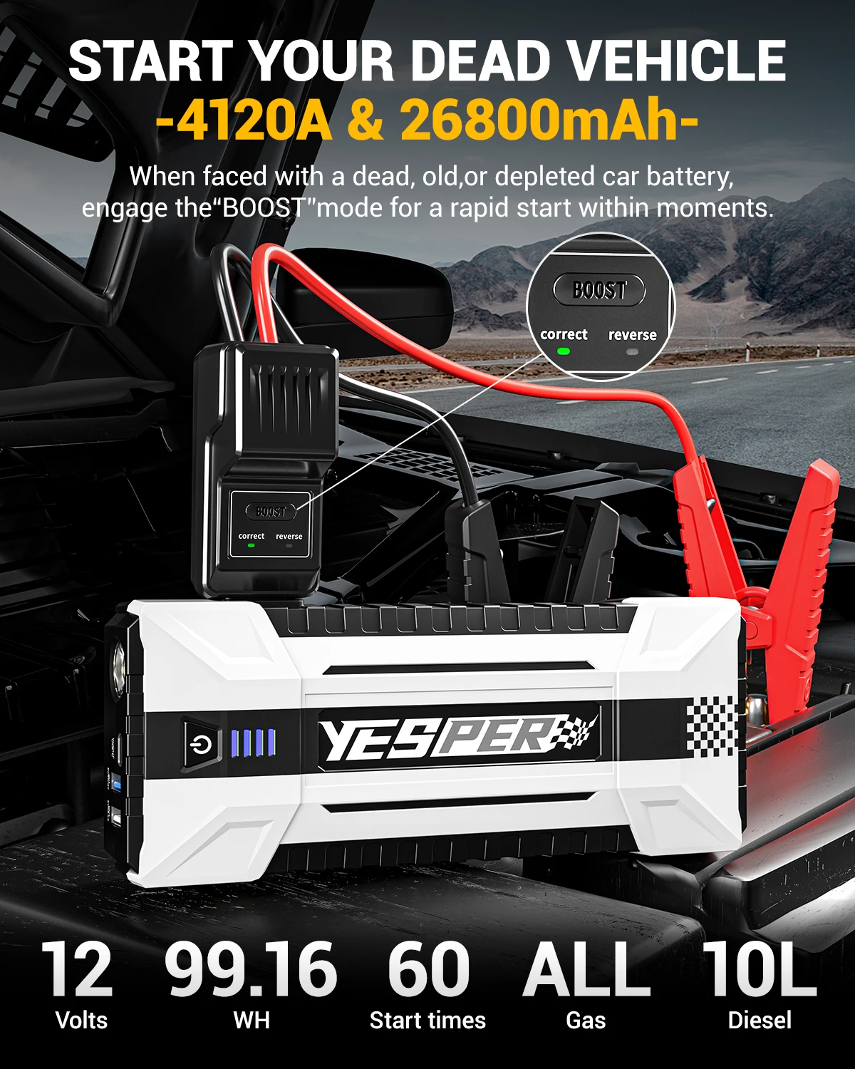 YESPER 4120A Car Jump Starter 26800mAh 12V Power Gas and 10.0L Diesel Power Bank and 3 Mode Light - Image 2