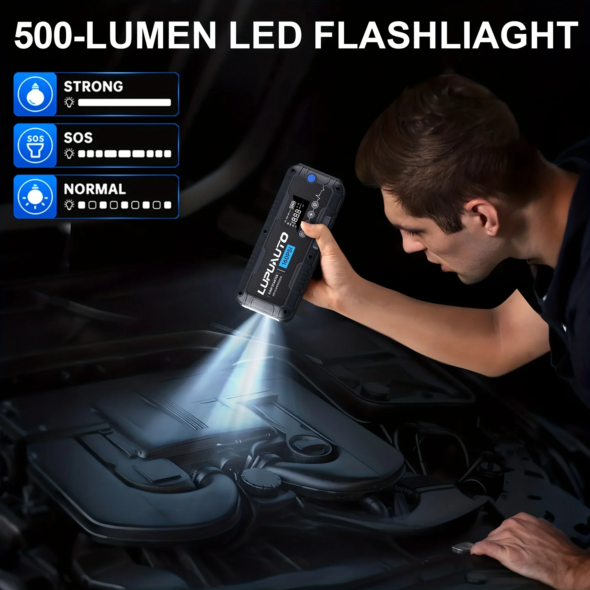 7000A Car Jump Starter With Air Compressor Booster Tyre Inflator Portable Car Battery Power Bank LED Flashlight Smart Cable - Image 2