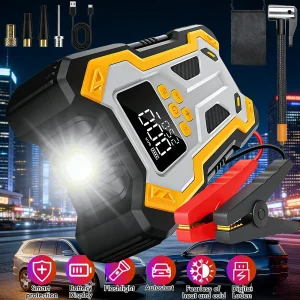 KEPEAK Car Emergency Jump Starter N3 All-in-One 6000mAh 1500A,Wireless Inflator,LED Light,Power Bank with Smart Clamps&Grid Bag