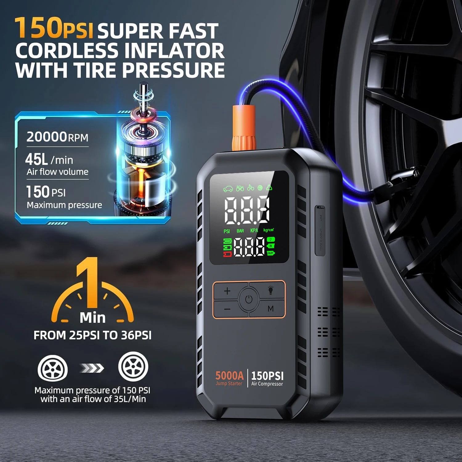 4-IN-1 Car Jump Starter with Air Compressor Peak 5000A Auto Battery Booster 150PSI Air Pump Portable Power Bank Tire Inflator - Image 3