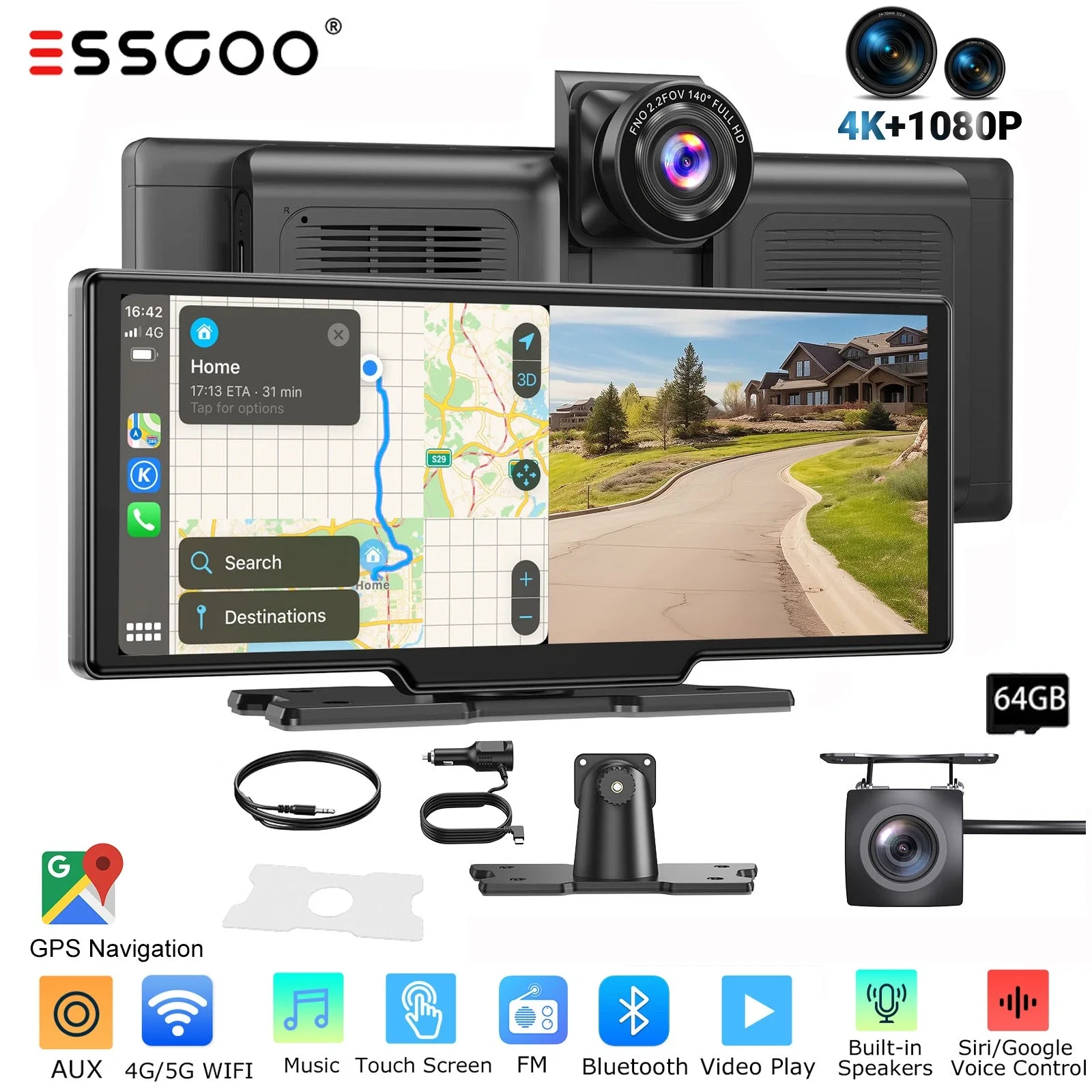 10.26" 4K 64GB Dash Cam Touch Screen Car Stereo Rearview Wireless Apple Carplay Android Auto Dual Len Recorder Dashboard