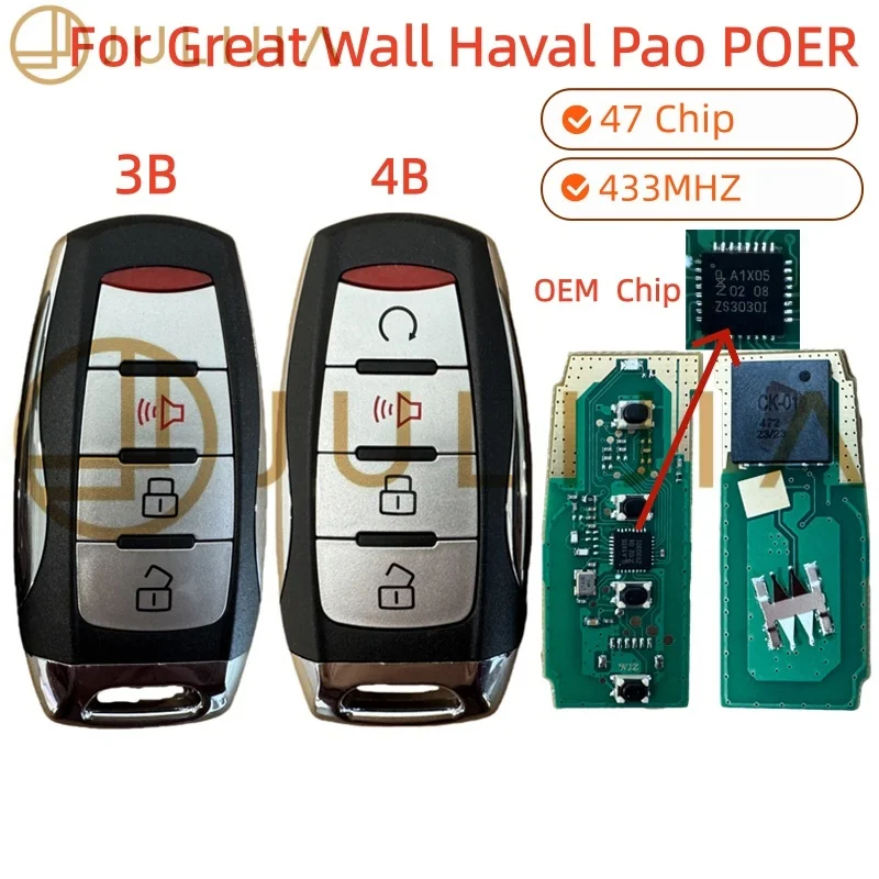 JULIJIA For Great Wall POER GWM Pao Poer Utility Haval UTE Cannon-X Pickup 47 Chip Keyless 4 Buttons 433Mhz Smart Remote Car Key