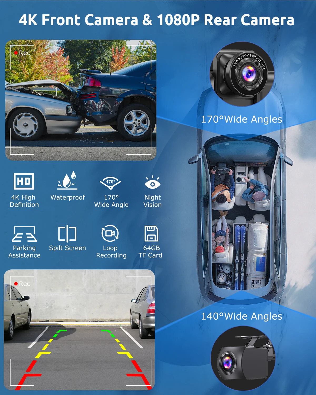 10.26" 4K 64GB Dash Cam Touch Screen Car Stereo Rearview Wireless Apple Carplay Android Auto Dual Len Recorder Dashboard - Image 3