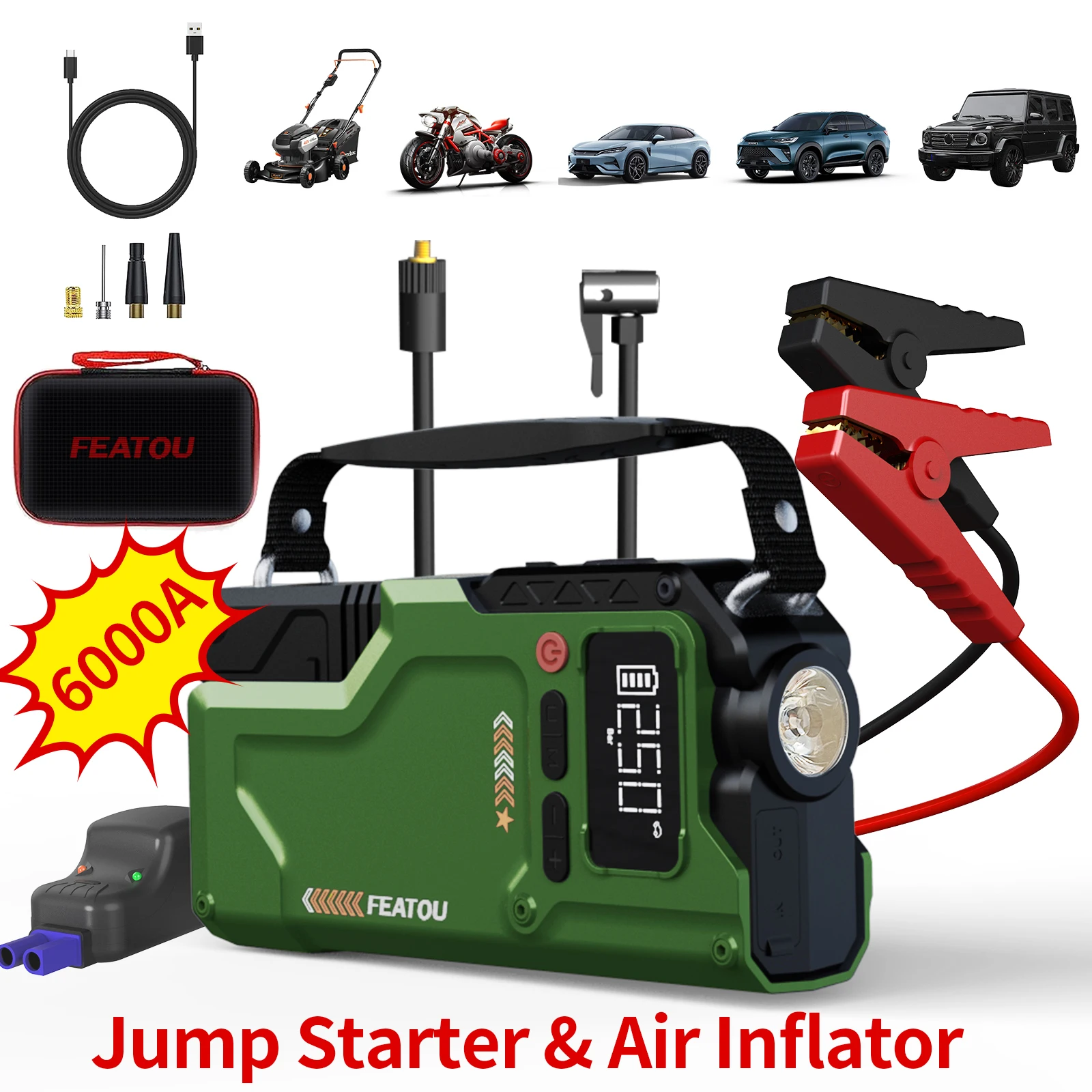 6000A Jump Starter With Air Compressor, 5 In 1 Function Jump Box 150PSl JumpStarter Battery Pack With Digital Tire Inflator,