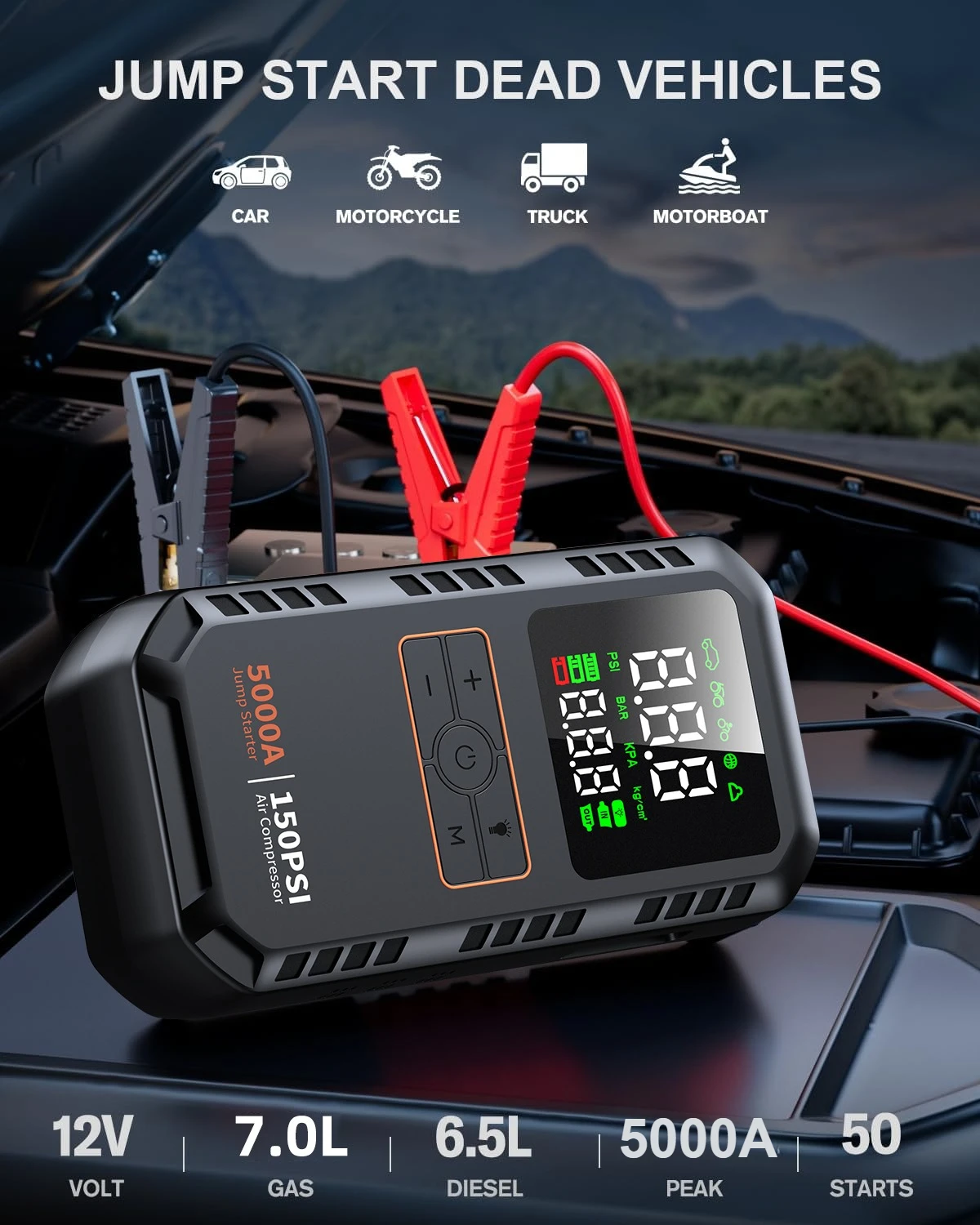 4-IN-1 Car Jump Starter with Air Compressor Peak 5000A Auto Battery Booster 150PSI Air Pump Portable Power Bank Tire Inflator - Image 2