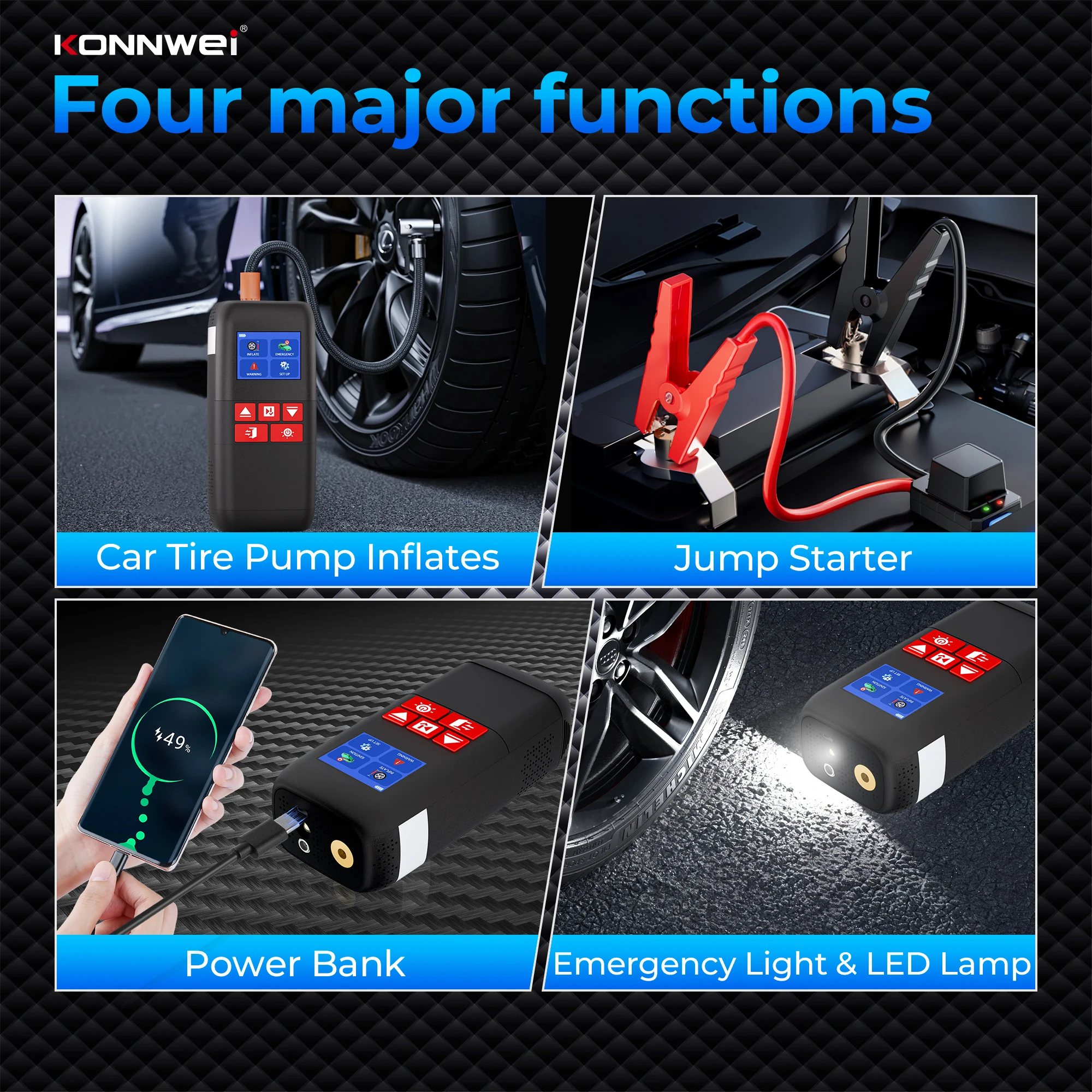 KONNWEI Car SA500 Jump Starter Air Pump Power Bank 10400mAh Car Jump Starter with air Compressor LED Lamp 12V Vehicle Tool Kits - Image 2