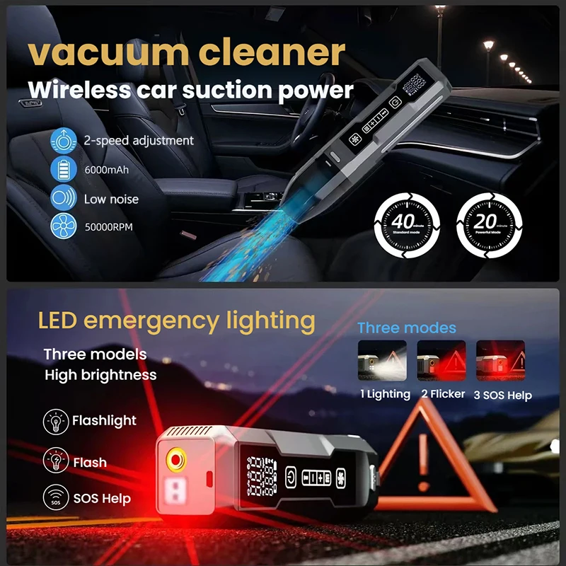 VYVYLABS 4-in-1 12V Rechargeable Emergency Jump Starter with 3 Modes LED Light Car Vacuum Cleaner Cordless Tire Inflator for car - Image 2