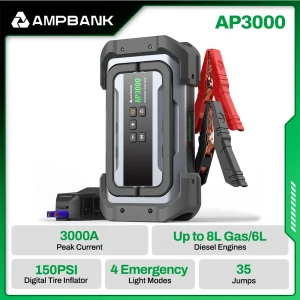 AMPBANK AP3000 3000A Portable 12V Car Battery Booster Pack Car Jump Starter with 150PSI Digital Tire Inflator Air Compressor