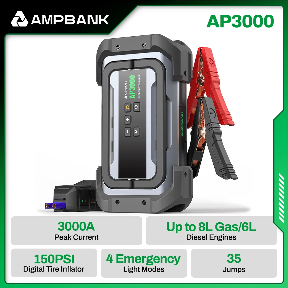 AMPBANK AP3000 3000A Portable 12V Car Battery Booster Pack Car Jump Starter with 150PSI Digital Tire Inflator Air Compressor
