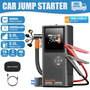 AdoreTrip 6000A Car Jump Starter With Air Compressor Up to 150PSI,Portable Power Bank,Battery Jump Starter WIth Smart Display