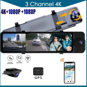 3 Channel Mirror Dash Cam with Front 4K in-Cabin & Rear 1080P Cameras Enhanced Night Vision G-Sensor & Parking Monitor WIFI GPS