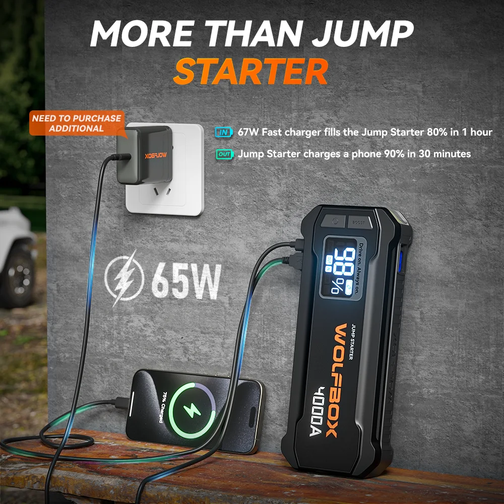 WOLFBOX JS24 4000A Portable Jump Starter Battery Pack Power Bank 24000mAh for 10L Gas 10L Diesel Engine with Booster - Image 3