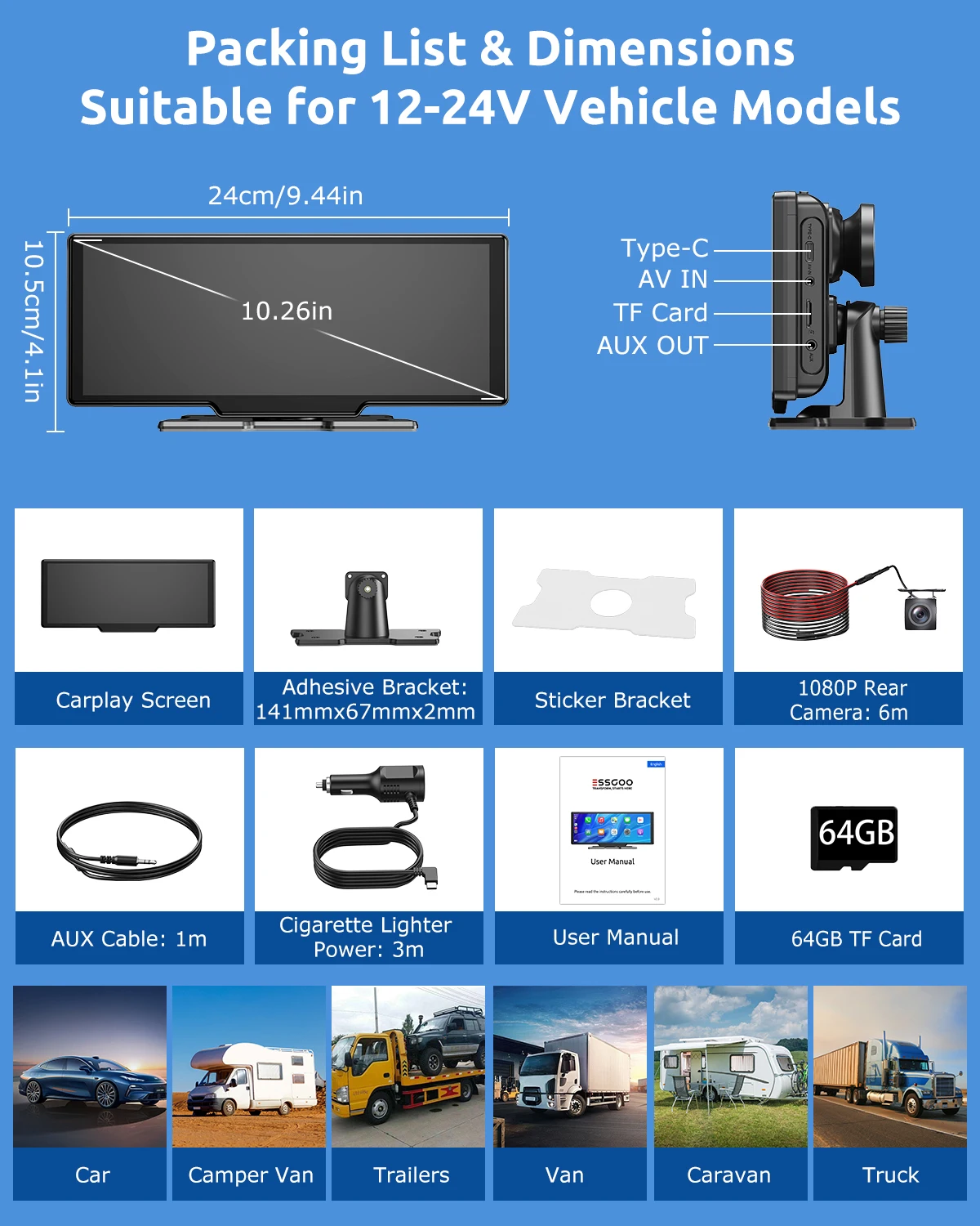 10.26" 4K 64GB Dash Cam Touch Screen Car Stereo Rearview Wireless Apple Carplay Android Auto Dual Len Recorder Dashboard - Image 6