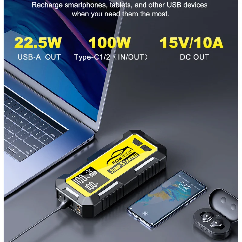 4 In 1 Portable Booster Car Battery 100W Car Jump Starter Device Power Bank Super Capacitor With Fast Charging DC Output - Image 6
