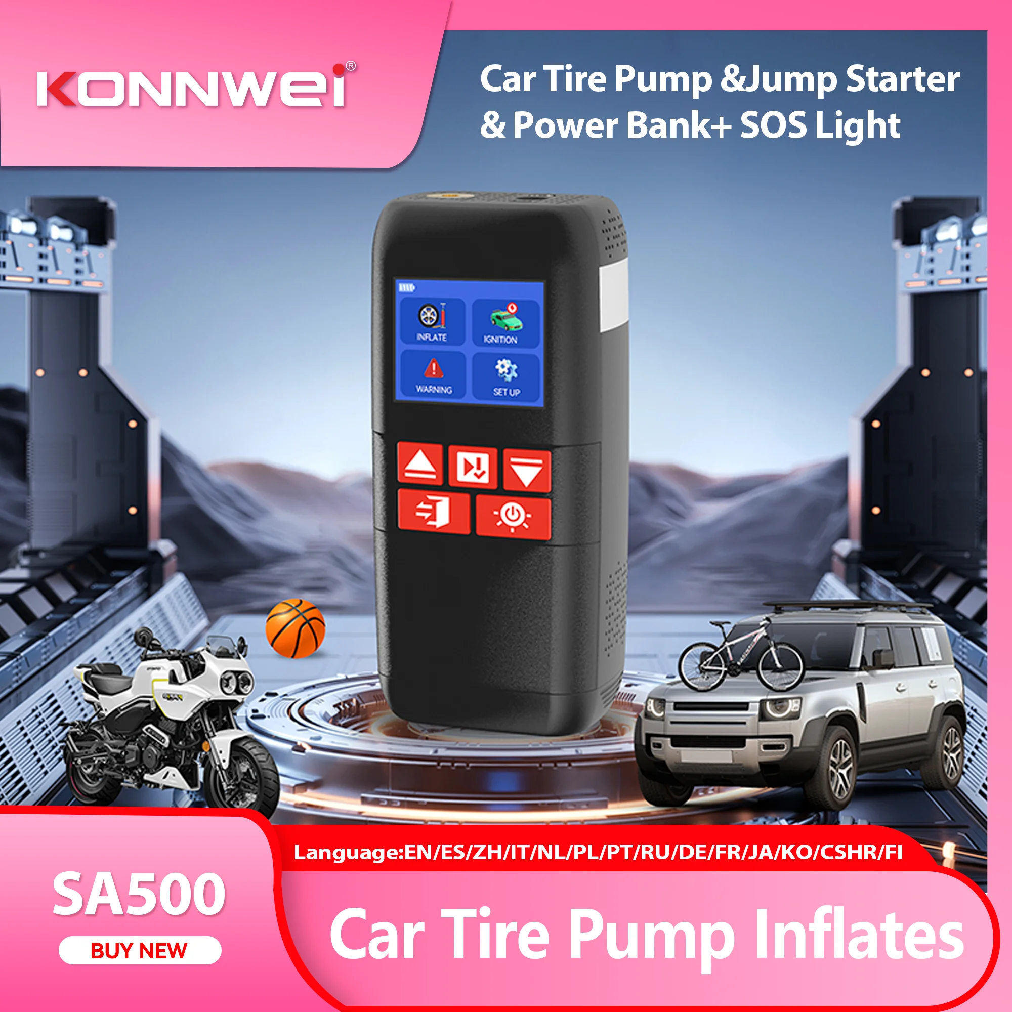 KONNWEI Car SA500 Jump Starter Air Pump Power Bank 10400mAh Car Jump Starter with air Compressor LED Lamp 12V Vehicle Tool Kits