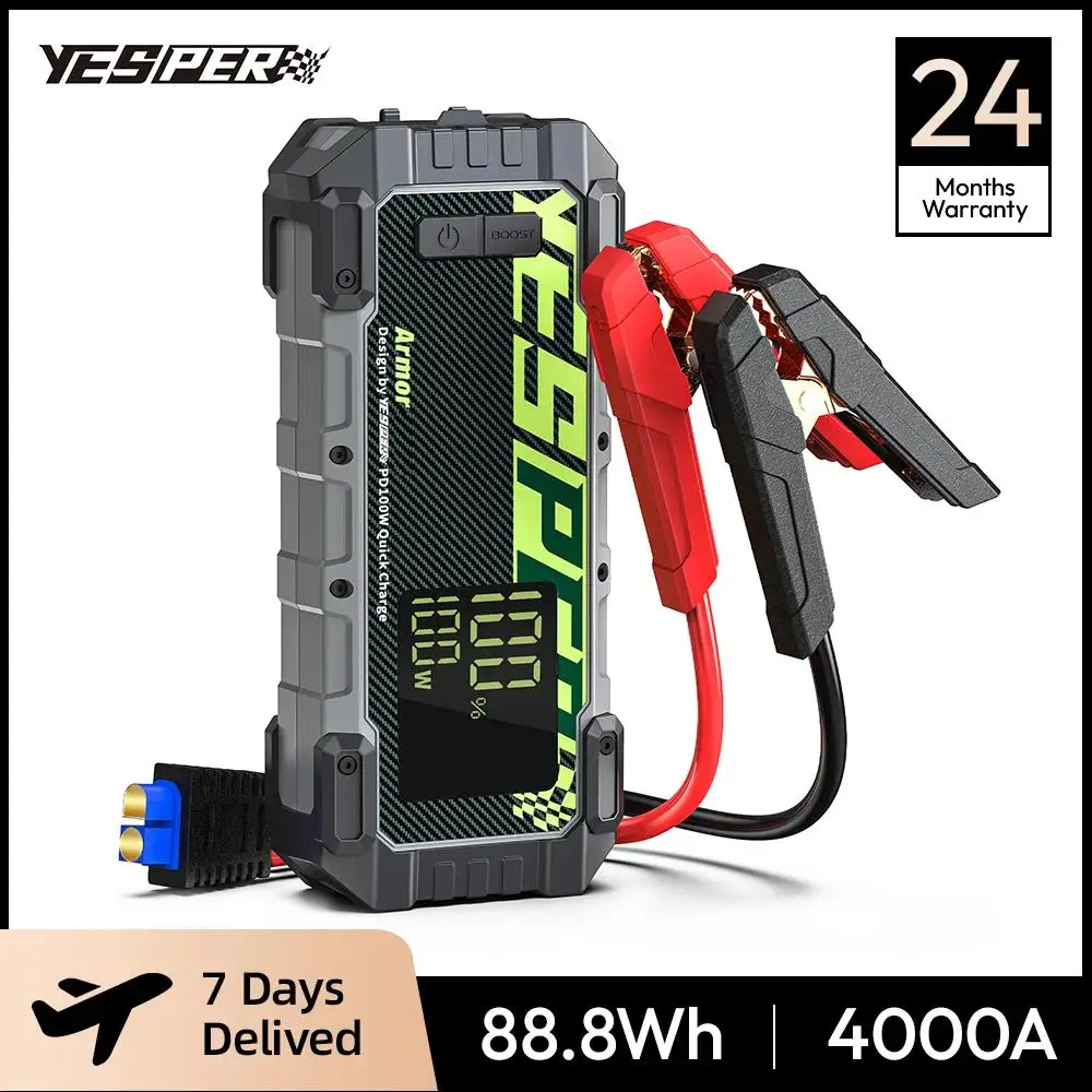 YESPER 4000A 10L Diesel/Gas Jump Starter – 12V/24000mAh, 100W PD Fast Charge, 3-Mode Light + Case, Portable Power Bank