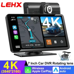 LEHX Dash Cam 7 inch 4K Car DVR Wireless Carplay Android Auto GPS Navigation Video Recorder Dashboard Dual Lens Reversing