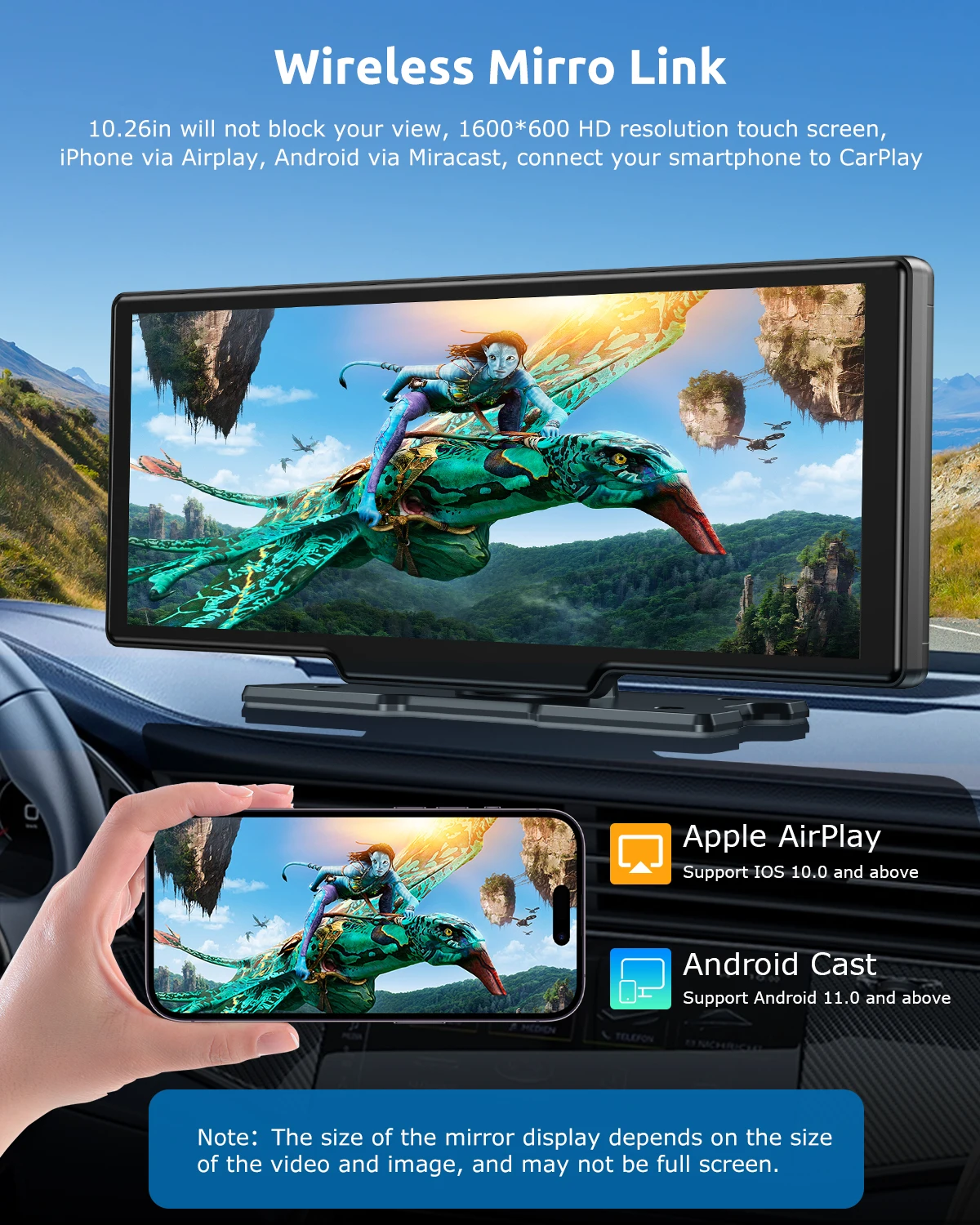 10.26" 4K 64GB Dash Cam Touch Screen Car Stereo Rearview Wireless Apple Carplay Android Auto Dual Len Recorder Dashboard - Image 4