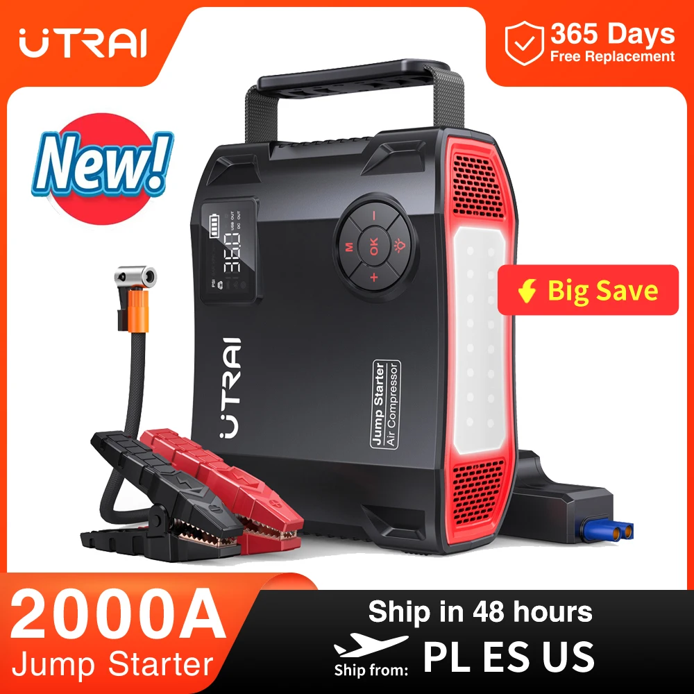 UTRAI 4 In 1 2000A Jump Starter Power Bank 16000mAh 150PSI Air Compressor Tire Pump Portable Charger Car Booster Starting Device